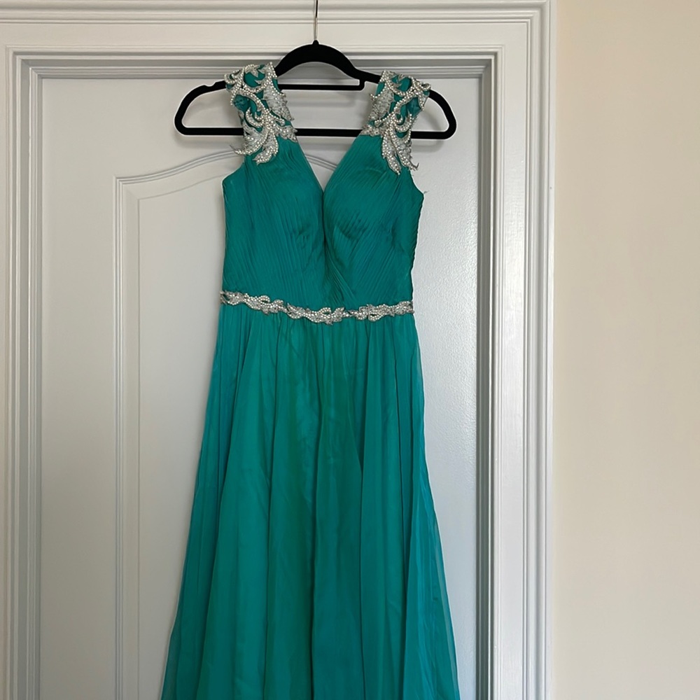 Siize 4 green chiffon dress. With low back and pearl detail beading.